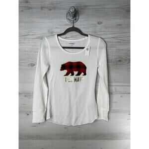 Old Navy‎ Shirt Womens XS White Thermal Waffle Long Sleeve Buffalo Plaid Bear